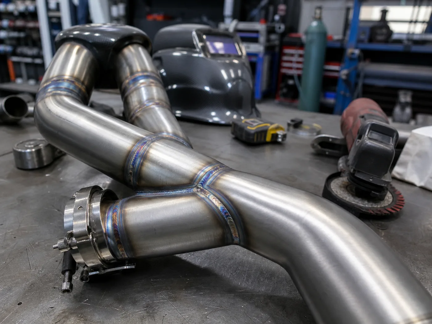 TIG welded stainless exhaust sections on a fabrication bench