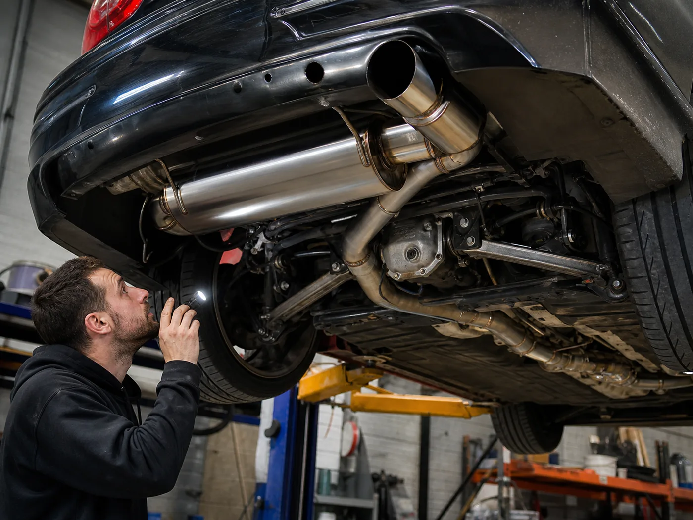 Fresh fabricated exhaust fitted under a modified car on a hoist